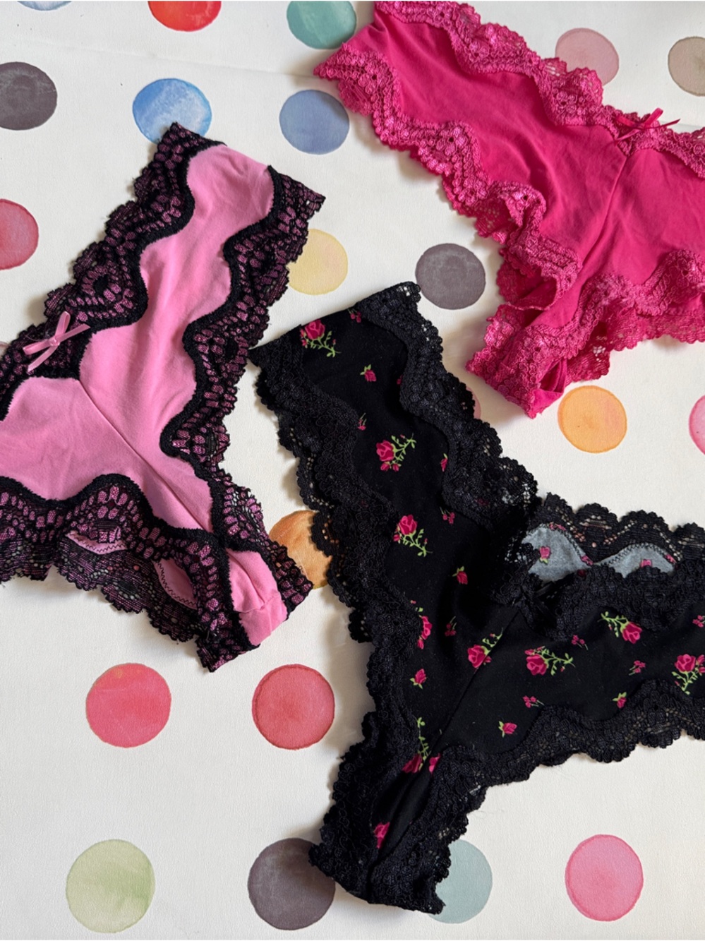 Set of Three Vintage Victoria’s Secret Lace Trim Cheeky Panty - Pink & Black